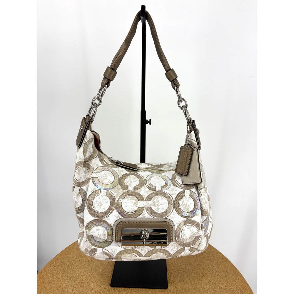 Coach Poppy Signature Sequin Applique Hobo Bag Khaki Cream 16791 with Pouch - Picture 1 of 8